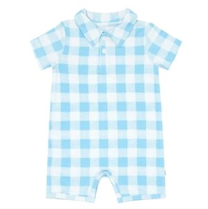 Little Sleepies Sky Blue Watercolor Gingham Short Sleeve Polo Shorty Romper